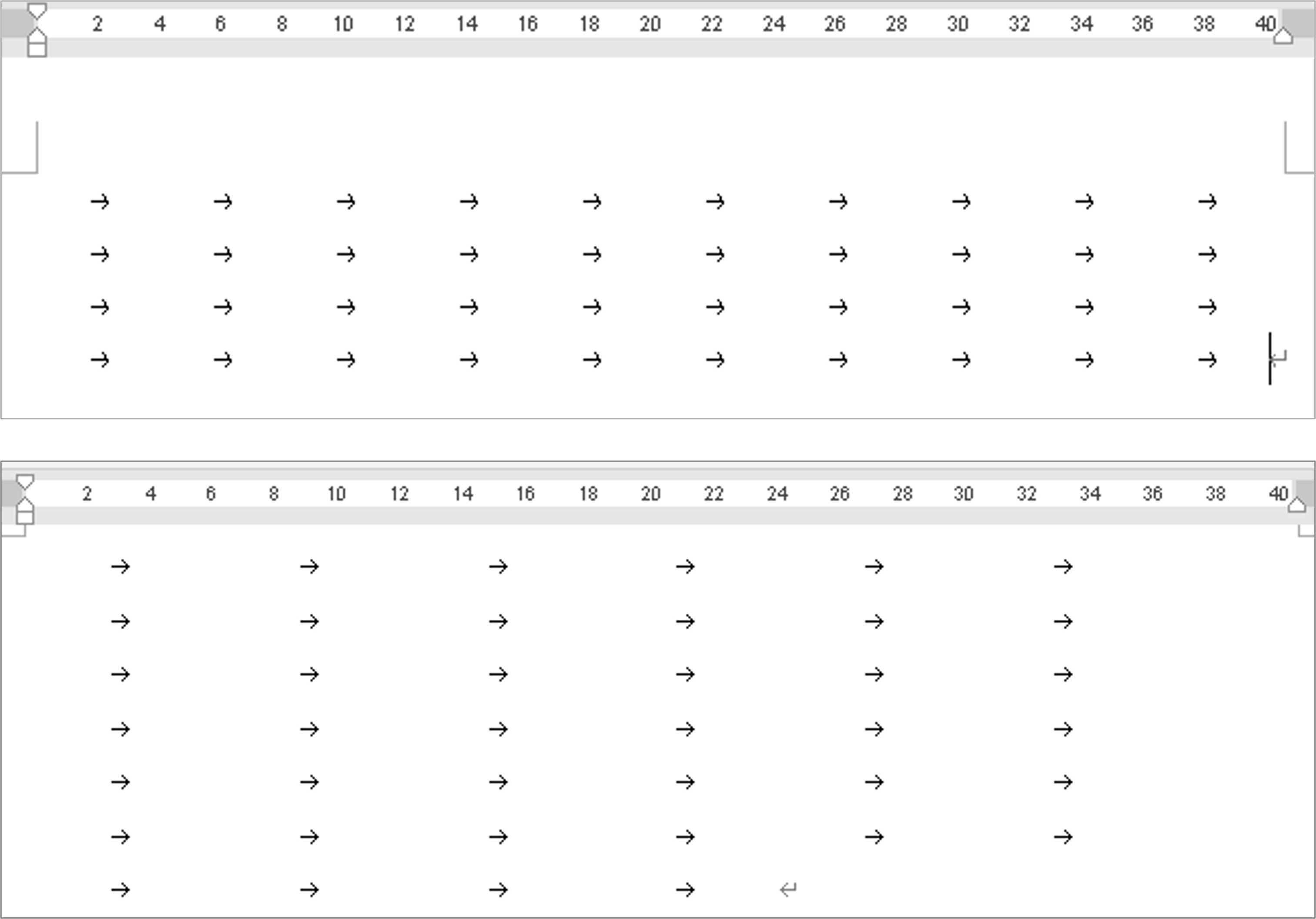 Wordで既定のタブ位置を4から6に変更した結果