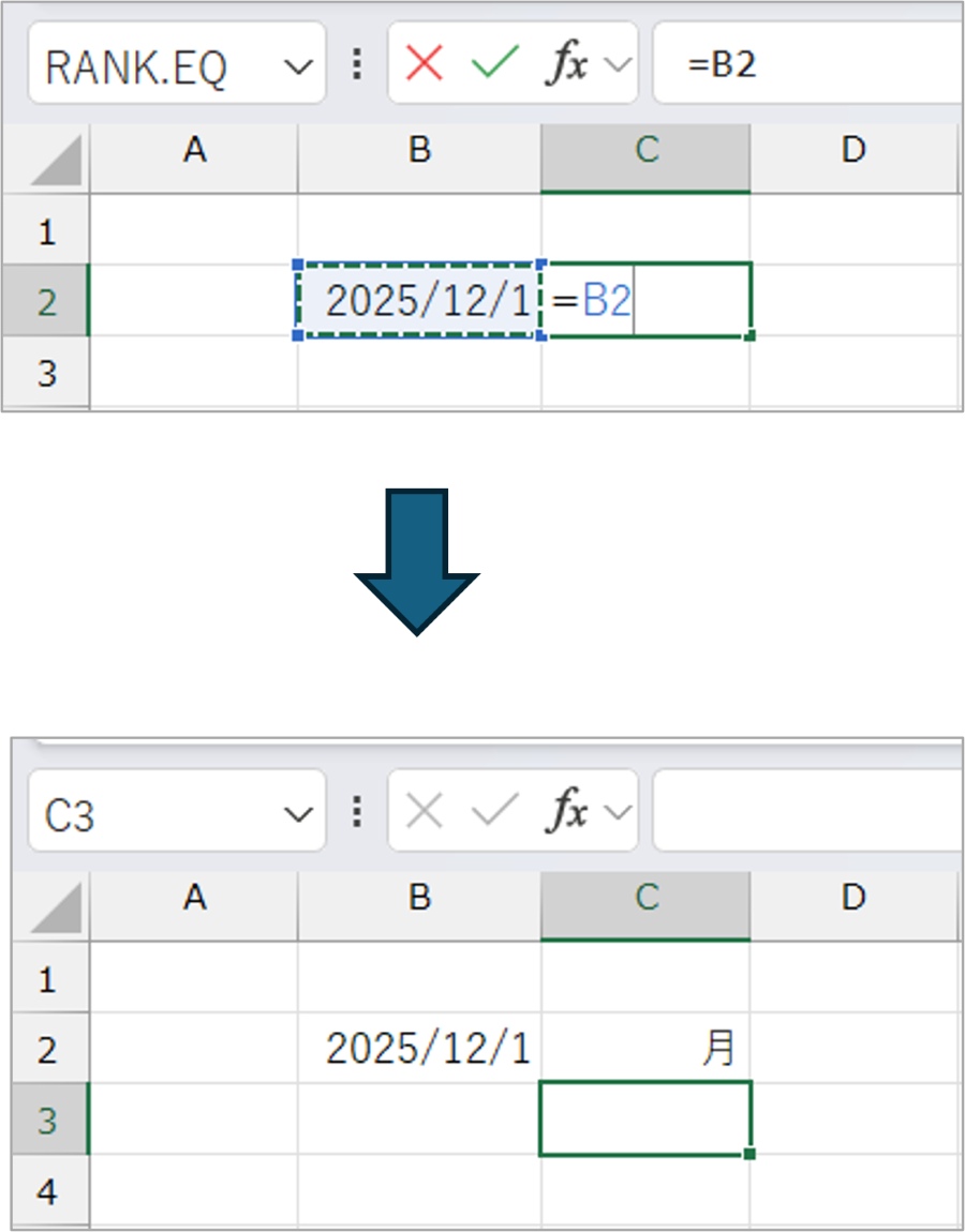 【Excel】日付から曜日を表示しよう　入力した日付が曜日として表示される様子